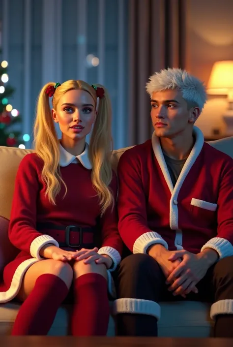 two friends sitting in the living room watching movies and spending Christmas ,  would be a beautiful woman with blonde hair with two pigtails ,  with blue eyes and the other is a handsome young man with dyed white hair, Ridiculous Christmas clothing dress...