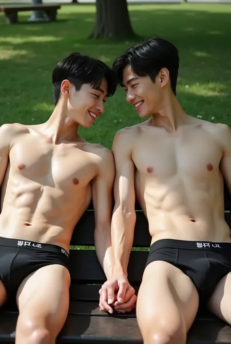 Body shot of 2 tall young sixpack korean male teenager with smilling expression front facing eyes lying down next to each other and hands touching each other at park bench sunny day shirtless and only wear super tight small wet black underwear with splited...