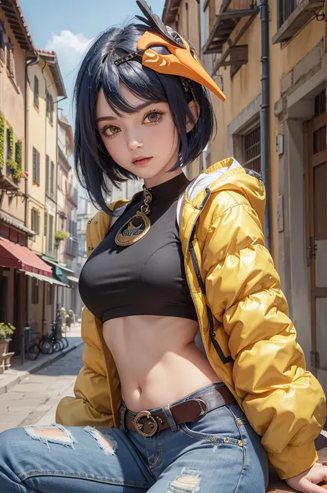 1girl, short blue hair, yellow eyes, (long sleeved crop puffer jacket, long jeans, iron belt), ((midriff, navel)), photo pose, sit on bench, old italian town, (masterpiece, high details, best quality, highres, HD, 4K, 8k, super detail)