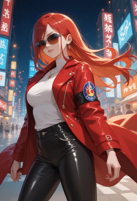 Lina in Tokyo, a modern sorceress with a shiny red coat and black leather pants, flames erupting from her fingertips. She wears mirrored sunglasses and walks through the neon-lit streets of the city. As a secret guardian, 