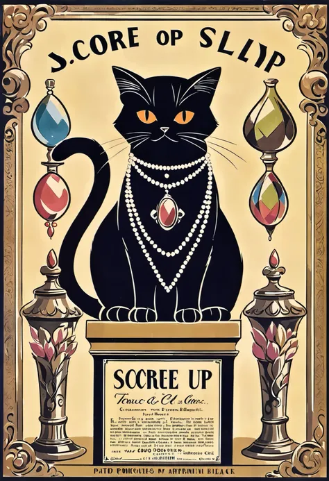 score_9, score_8_up, score_7_up, score_6_up, score_5_up, score_4_up, hires, vector art, arafed black cat sitting on a pedestal with a pearl necklace, elegant cat, 1920s advert, 1960s advertisement, luxury advertisement, magazine advertisement, 1960s perfum...