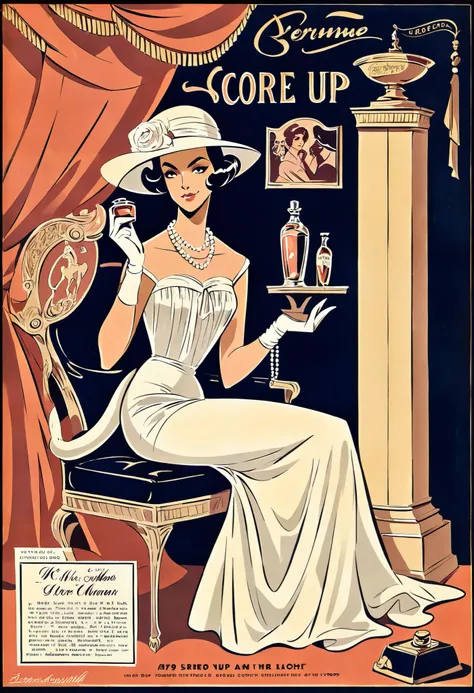 score_9, score_8_up, score_7_up, score_6_up, score_5_up, score_4_up, hires, vector art, arafed black cat sitting on a pedestal with a pearl necklace, elegant cat, 1920s advert, 1960s advertisement, luxury advertisement, magazine advertisement, 1960s perfum...