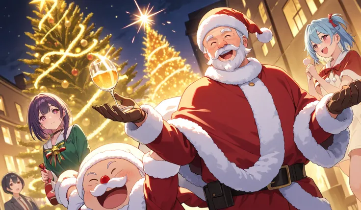 anime characters during christmas celebrating christmas dressed as santa claus and mummy claus