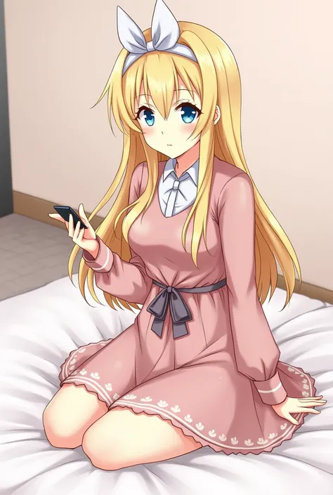 anime girl sitting on bed with cell phone in hand, an anime drawing by Ei-Q, pixiv, serial art, blonde anime girl with long hair, cute anime girl, anime visual of a cute girl, loli in dress, young anime girl, cute anime, anime girl with long hair, anime gi...