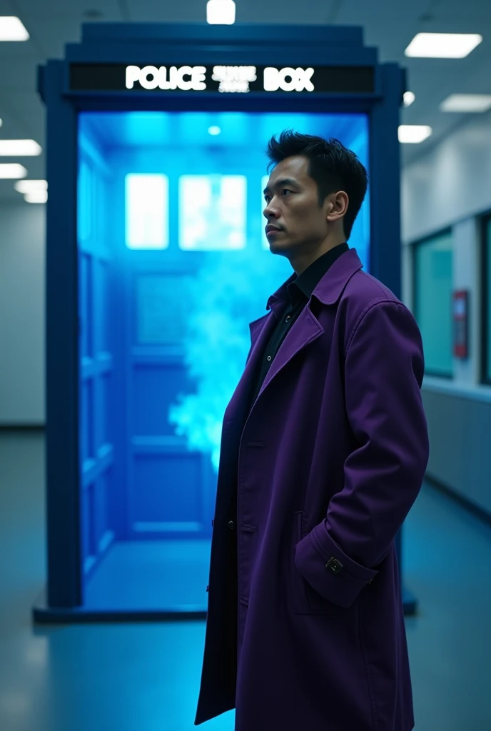 Medium size white male with short black hair wearing black shirt with black pants and purple trench coat close up in a scientific building with a Doctor Who Blue Telephone booth with blue Energy around it facing the camera 