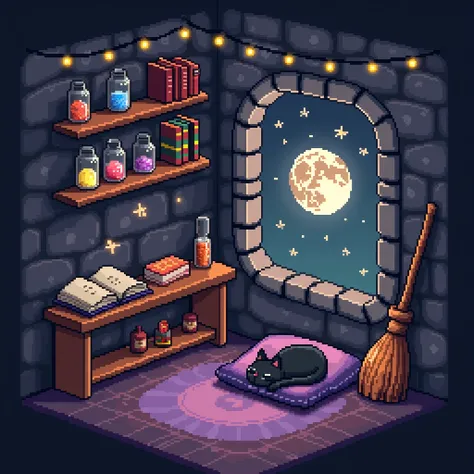 8 bits, #pixelart, abigail stardew valley, stardew valley, cozy and cute .  Slightly dark lighting /gray and purple . A witchs cute tent ,  large clear shelves with several books,  potion jars of different colors and sizes ,  stone walls and floors , ceili...