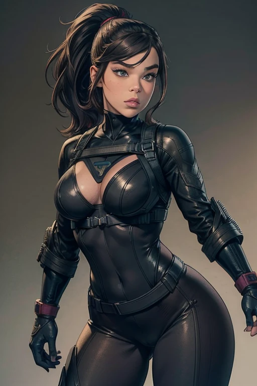 Hailee Steinfeld wearing tactical leather suit, utility belt, tactical leather gloves ponytail hairstyle, cleavage, slim waist, wide hips, beautiful detailed eyes, beautiful detailed lips, beautiful detailed nose, fat lower lip, dark grey background 