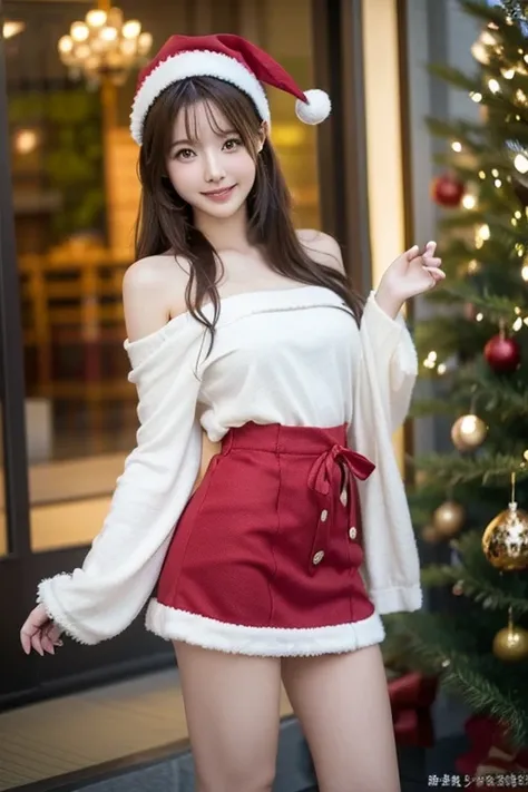 Japanese model posing in Santa cosplay, Red Santa Hat  、off-the-shoulder mini skirt Santa costume 、,  Cute Like an Angel 、 looking at camera、 Detailed Beautiful Eyes 、 cute smile、 a soft and gentle expression 