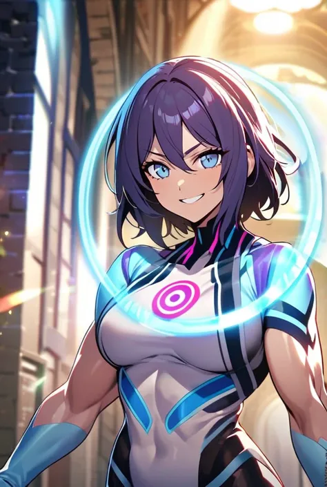 Female, lean muscle, hero whose main powers is hypnosis, smiling, 