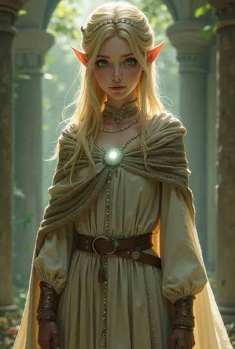 An elf girl with blond hair and green eyes, hair tied in a small bun, with loose hair, wearing a long decorative shawl from her neck to knees, modest, loose dress, long sleeved, covers all parts of body except face, long gloves. A high-necked clothing unde...