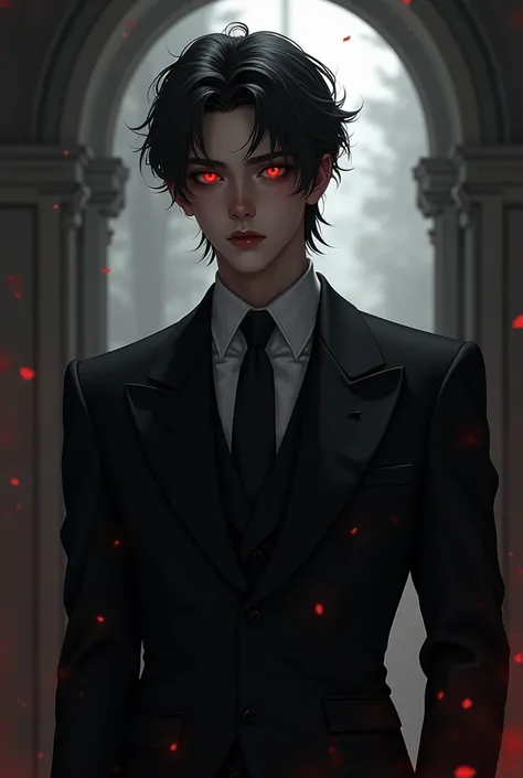  Yunho from ATEEZ , in black suit, semi long hair, red eyes and pale skin . ( Sebastian Michaelis Kuroshitsuji.) real image.