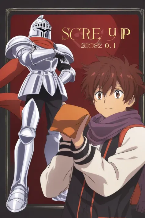 A dark red middle lengthed haired, mixed race, cat like brown eyes, 25 year old knight. Tall, male, Anime style. Wears shiny silver armour, and scarf.