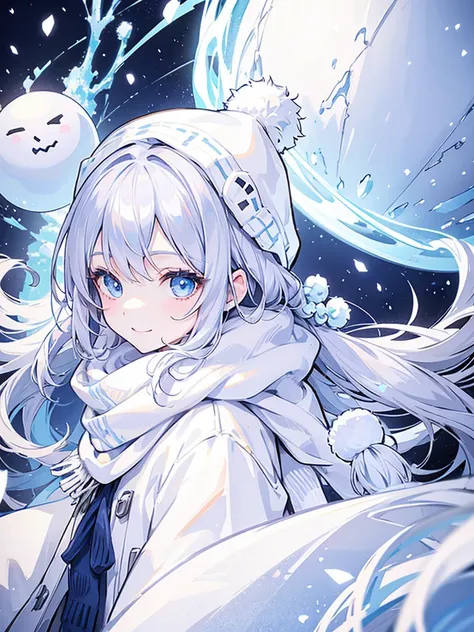 Show the whole picture、 Silver Hair、Transparent eyes、Light blue eyes、Snow is falling、Wear a knitted hat、Put on your coat、Im making a 、 snowman with a long scarf、Turn towards me、smile