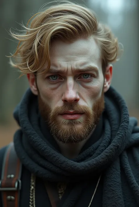  Pale skin and thin face .  Romanian nationality with disheveled blond hair and short beard. Wearing mourning clothes,  with intense almond eyes , smoldering .  Feeling of strength and power .  rough appearance . young man. tired eyes