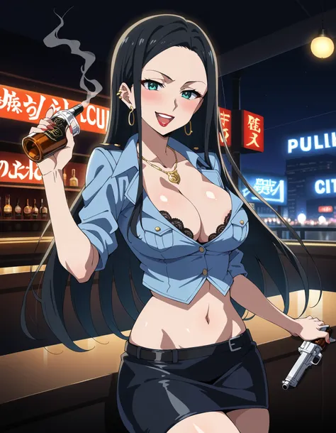 score_9,score_8_up,score_7_up,score_6_up, source_anime, 1girl,  long hair, black hair, teal eyes, necklace, drunk, solo, , ear piercing, long hair, blush, lipstick,Hot girl, baddie, smoking, sensual, attractive ,bar
background, inside bar,indoors, cityscap...