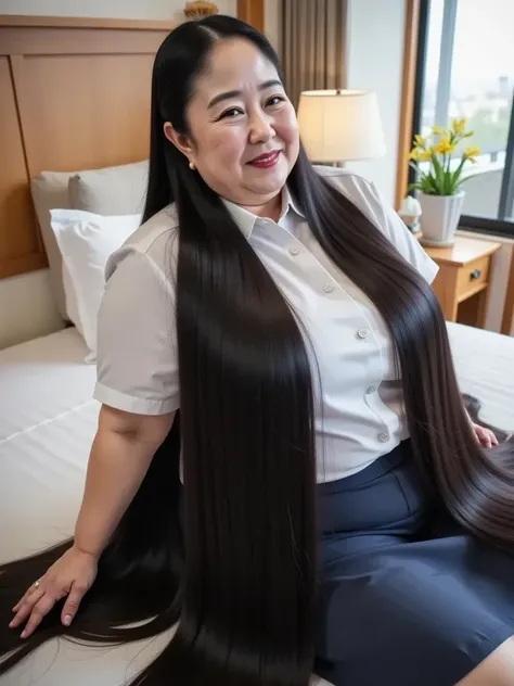 8k,Highest quality, masterpiece, Ultra-high resolution,(masterpiece:1.6, Highest quality), Intricate details, 1 female, Middle-aged woman in her 50s, japanese, full body,  lying on back, looking at viewer, top of head,((An absurdly longhair:1.5)),(((jet Bl...