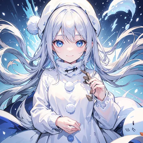 Show the whole picture、 Silver Hair、Transparent eyes、Light blue eyes、Snow is falling、Wear a knitted hat、Put on your coat、Im making a 、 snowman to solidify snow、Turn towards me、smile、Im making a 