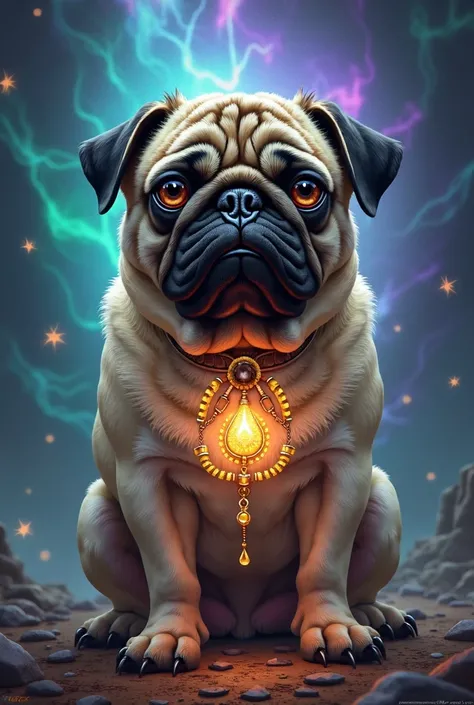 Perro pug estilo arcane, con el pelo de jinx de league of legends