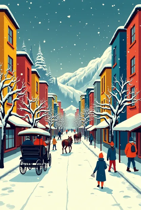 Snowy day, button snow falling, colorful woodblock prints, colorful tall buildings, snowy street trees, wide western street, 3-4 carriages and people coming and going, full color.