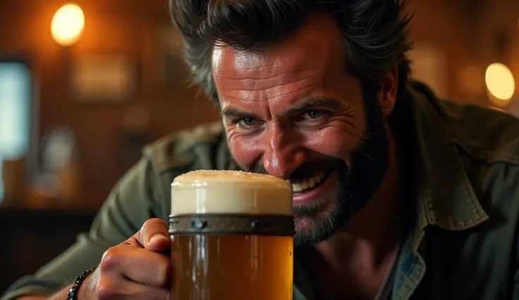 Movie scene, Wolverine taking a mug of Chopp and smiling