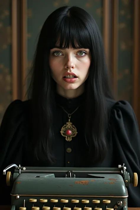 A young woman with extremely long and straight hair in black and with bangs,  with the Ginevra de Benci brooch on her vintage black dress, greenish eyes ,  large exposed teeth, sad look, very realistic image, tem que ser realista a imagem, os dentes separa...