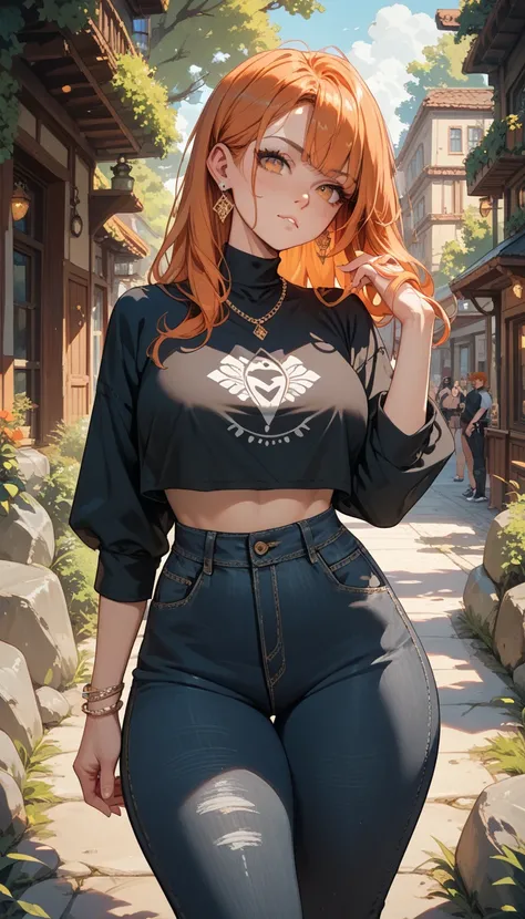 girl, Long orange hair, orange eyes,  blushed face, ,  big boobs ,  thick thighs , black top,  black denim pants, rock jewelry , background study 