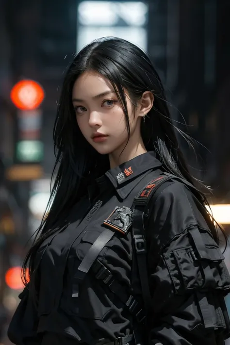 ( masterpiece ),  best quality,1 ,  black eyes,   long hair ,  black hair,  extra asymmetric oversized high-tech urban clothing , It lasts,  blurry background, focus on the eyes, cowboy shot, huge city background, dramatic light, (( cinematographic light )...