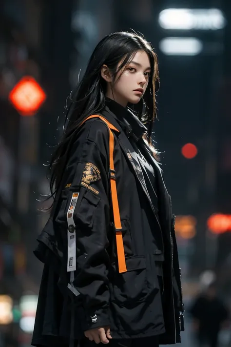 ( masterpiece ),  best quality,1 ,  black eyes,   long hair ,  black hair,  extra asymmetric oversized high-tech urban clothing , It lasts,  blurry background, focus on the eyes, cowboy shot, huge city background, dramatic light, (( cinematographic light )...