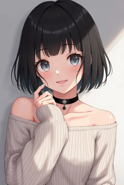 Top Quality, Masterpiece, Ultra High Resolution, Photorealistic, 1 Girl, Off Shoulder, Knit, Smile, Smile, Slightly Visible, oversized_sweater, Soft Lighting, Detailed Skin, Bangs, Black Hair, Clear Eyes, Short Bob Hair, Transparency, Japan, Korean, Beauti...