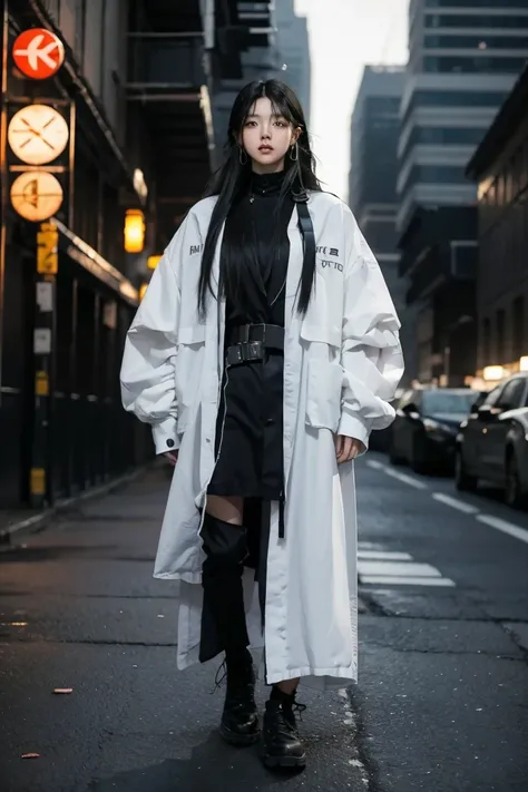 ( masterpiece ),  best quality,1 ,  black eyes,   long hair ,  black hair,  extra asymmetric oversized high-tech urban clothing , It lasts,  blurry background, focus on the eyes, cowboy shot, huge city background, dramatic light, (( cinematographic light )...