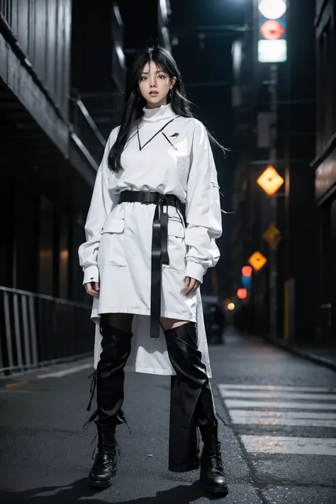 ( masterpiece ),  best quality,1 ,  black eyes,   long hair ,  black hair,  extra asymmetric oversized high-tech urban clothing , It lasts,  blurry background, focus on the eyes, cowboy shot, huge city background, dramatic light, (( cinematographic light )...