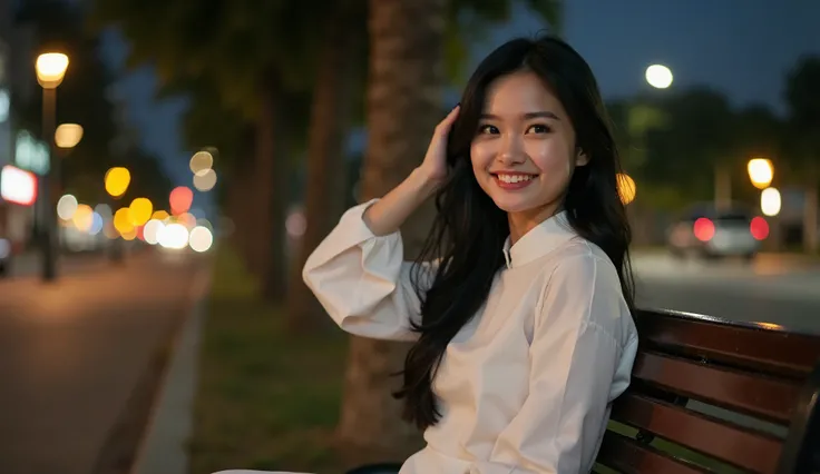 8k, (solo:1.2), masterpiece, Hanoi visit, Hanoi background in summer, beautiful vietnamese woman, 19 years old, black hair,Vietnamese modest style white aozai, touch own hair, sitting on the bench,smile, full body, palm tree, (night:1.2)