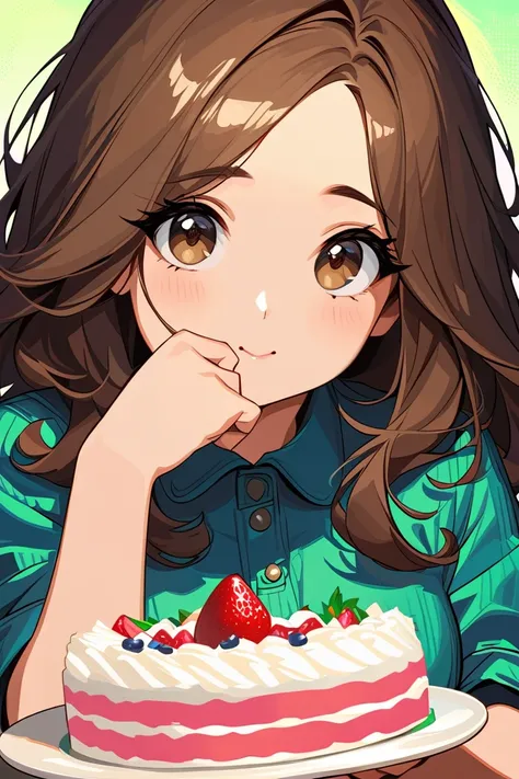 impasto, cool manga style, high quality, extremely detailed, extremely delicate line, amazing color, masterpiece, 1 girl, young, a bit chubby but not so much, brown hair, cute face, wear fashionable clothes, innocent eyes, eat cake, perfect background, pix...