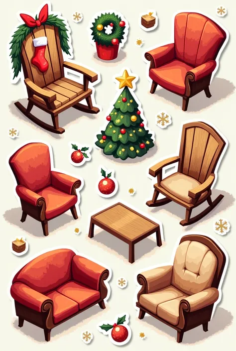 Isometric Christmas furniture sticker set