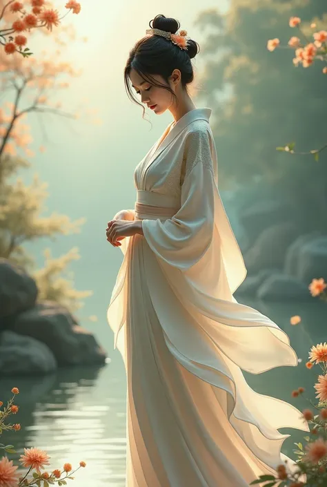 Japanese woman dressed in an elegant beige dress under natural light、The light shines around her with a calm expression on her face and a relaxed standing figure、 shows her inner peace and outer charm。