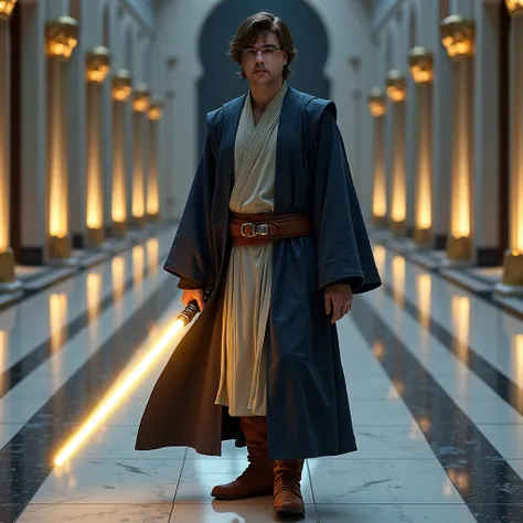 Use this image and create a man with the same face . (( realistic )) Short haired and brown . with glasses.  He wears dark gray and dark blue Jedi robes .  Wear brown knee-length boots . She wears a brown belt . He carries a single-leaf, yellow lightsabre....