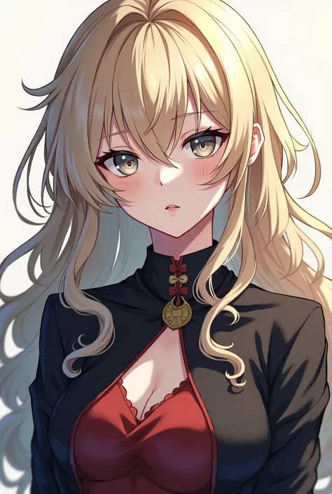 Dark blonde hair, long hair with light curls, grey eyes, girl, masculine clothes, anime style