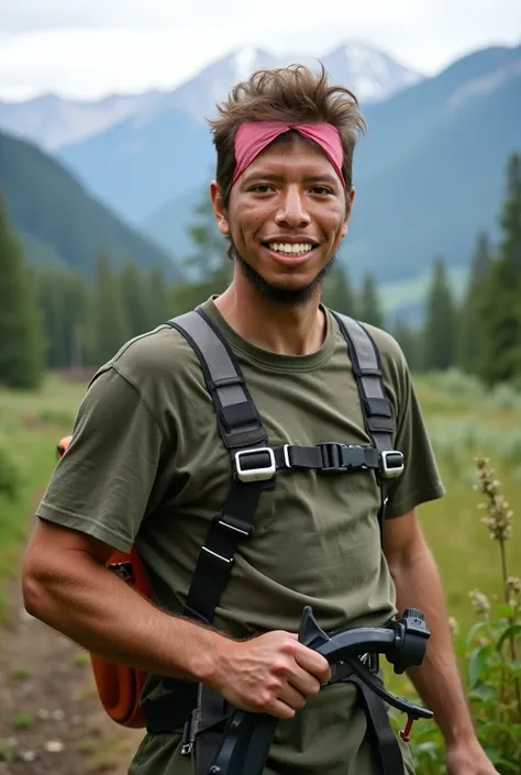  From this image . shows a smiling man who appears to be a forest worker or gardener.  He is wearing a safety harness and is holding a garden tool ,  probably a lawnmower or a brushcutter . The man is in a rural environment ,  with a landscape of mountains...