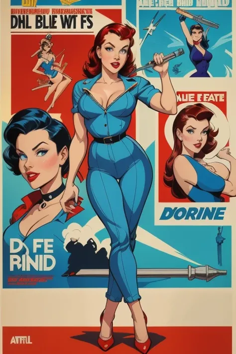  Photo of a woman in a blue jumpsuit holding a wrench,  pin-up, Earl red wine  , Poster poster girl, arte pin-up, Poster girl, Poster girl,  high quality illustration , pinup model, Poster, Poster,  official artwork ,  pin-up, Poster,  full color illustrat...