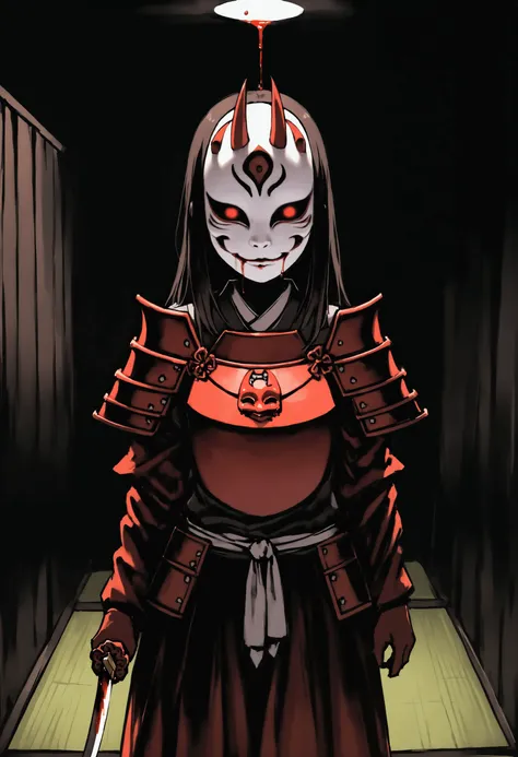 (masterpiece),(absurdres)、(Horror:1.4),alone:1.1,(Red Armor :1.2),(Hannya Mask:1.2),(Grabs Katana :1.2),(Tatami room background :1.1),cowboy shot,( blood is dripping:1.2),(in the darkness:1.4),(The Red Helm:1.2)
