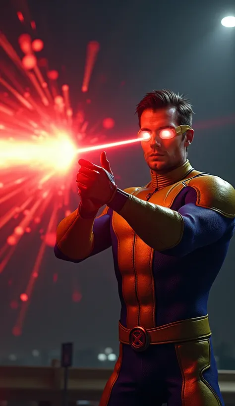 REalistic Marvel&#39;s Cyclops x-man firing red laser blast from his red eyes at night. wearing a blue and gold suit with a red and yellow visor covering his eyes