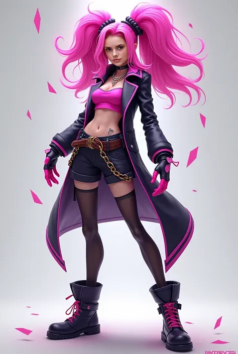 [Jinx League of Legends], Jinx Lol, masterpiece, (best quality: 1.2), (high resolution), (top quality), (8k, 4k, intricate), (full-body), short pink