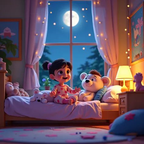  Creating Disney Pixar style, a ,  getting ready to sleep in your room, In the background the window with the moonlight.