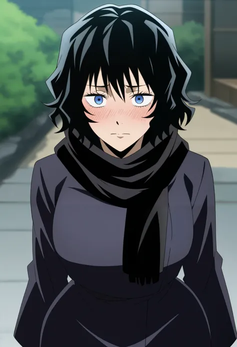 Jujutsu Kaisen screencap anime style a girl with short hair black hair wavy hair fluffy hair blue eyes wearing a black scarf around neck wearing a black robe wide hips big heavy chest blushing face score_9_up, score_8_up, masterpiece, best quality
