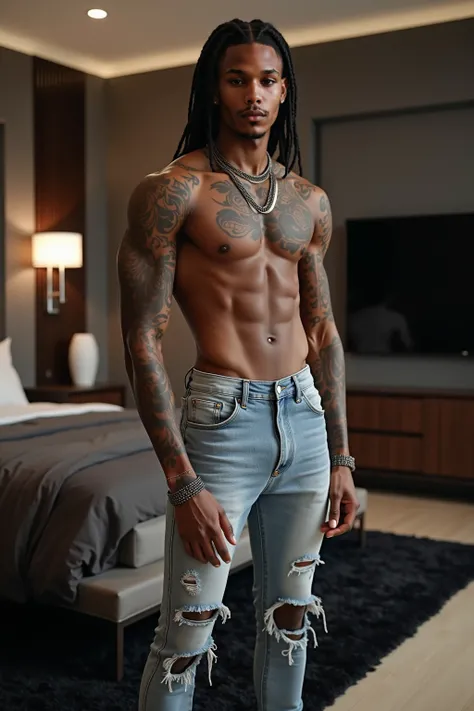 A close shot of a very tall, very fit, very slender, and very defined 67" light skin african american male standing in his bedroom mansion master bedroom with a large king size bed and black shag rug with a large flatscreen tv and a KAWs figure, hes lookin...