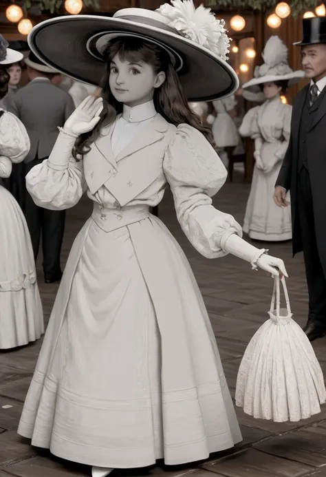 a pretty 9yo brunette girl in an elegant white 1900_dr3ss, ogled at by a horny 69yo gentleman wearing a suit, year 1904, Edwardian setting, high-collar shirtwaist with long puffed sleeves, wide-brimmed hat with flowers, gloves, knee-length skirt, petticoat...