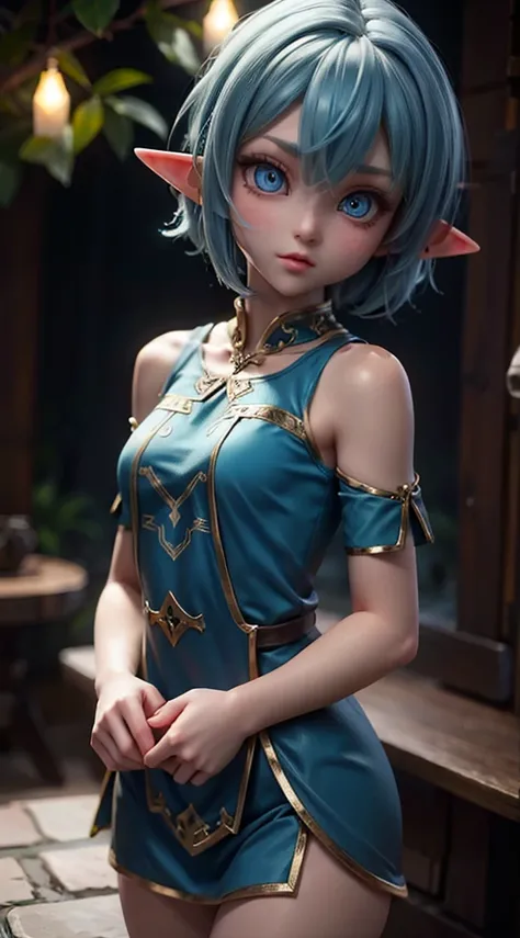 1 elf girl, short hair above the shoulders, blue eyes, elf girl, elf clothes, CG