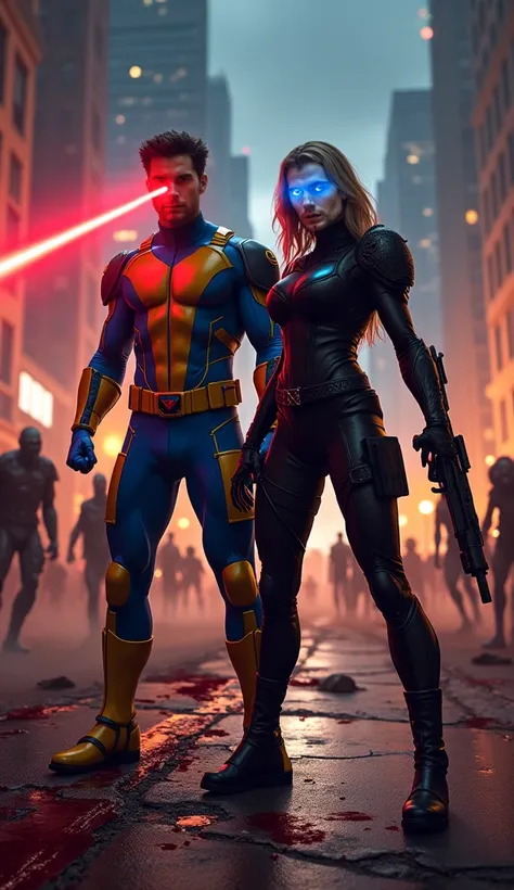 A dramatic nightscape in a city ravaged by a zombie apocalypse, bathed in the eerie glow of neon lights and the flicker of distant fires. Amidst the chaos, Marvels Cyclops stands tall and focused, his iconic blue and gold X-Men suit enhanced with futuristi...