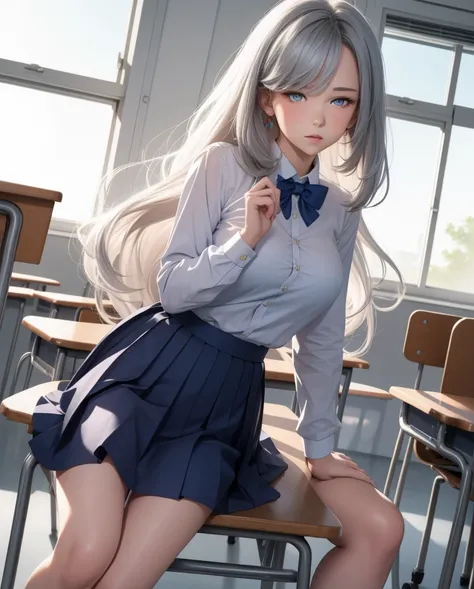  a beautiful girl ,   Blue eyes  ,    bright eyes  ,  ,closed lips    ,   long hair,   High resolution, breasts, camisa blanca, pleated skirt, blue bowtie ,    school uniform , sexy legs  , socks, Alone, in the classroom,  wavy hair, sensual body