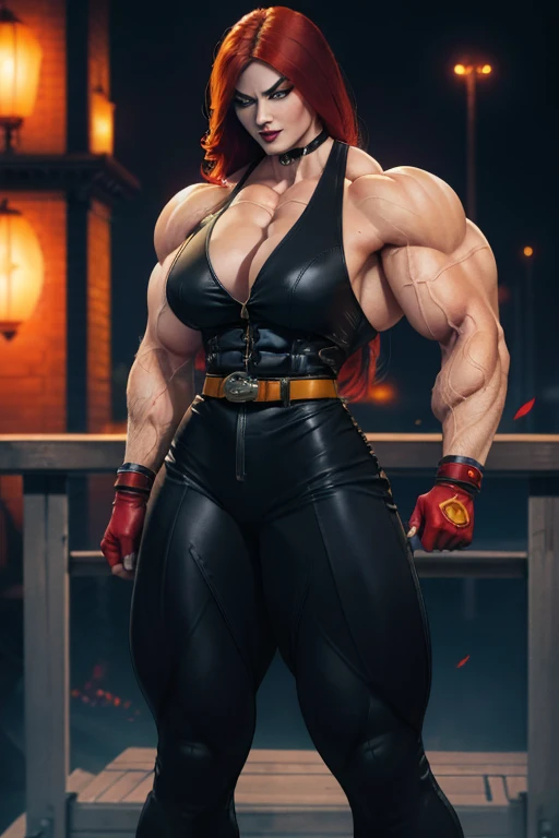 ((Close-up)), tall, (red hair) beautiful muscular asian woman, long hair, white skinned, (smirking), black lipstick, (massive muscles), (hyper muscle), (ginormous bulky muscles), yellow eyes, ((((hitwoman suit)))), (((assassin pants with belt))), choker, b...